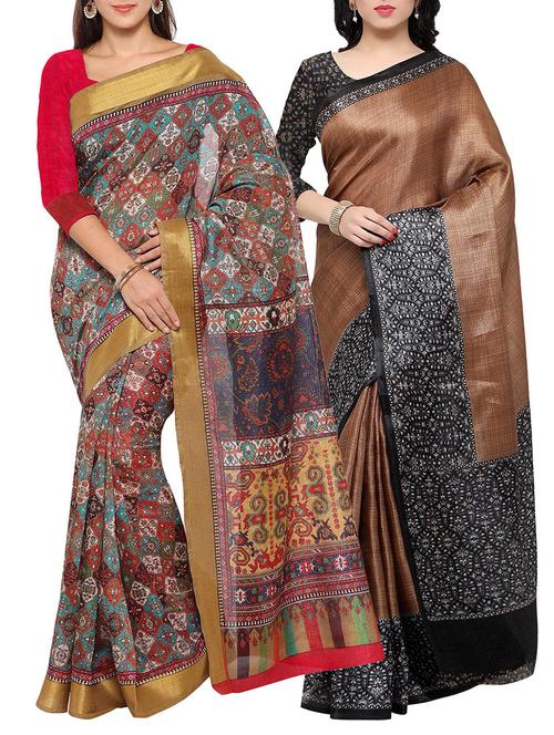 multi colored tussar silk combo saree with blouse - 14553815 - Very Small Image - 1