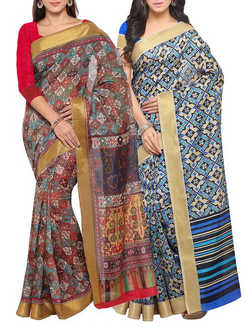 multi colored tussar silk combo saree with blouse - 14553826 - Very Small Image - 1