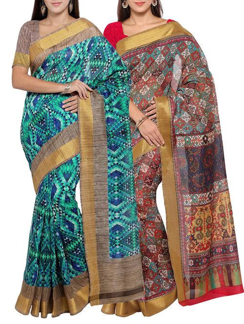 multi colored tussar silk combo saree with blouse - 14553828 - Standard Image - 1