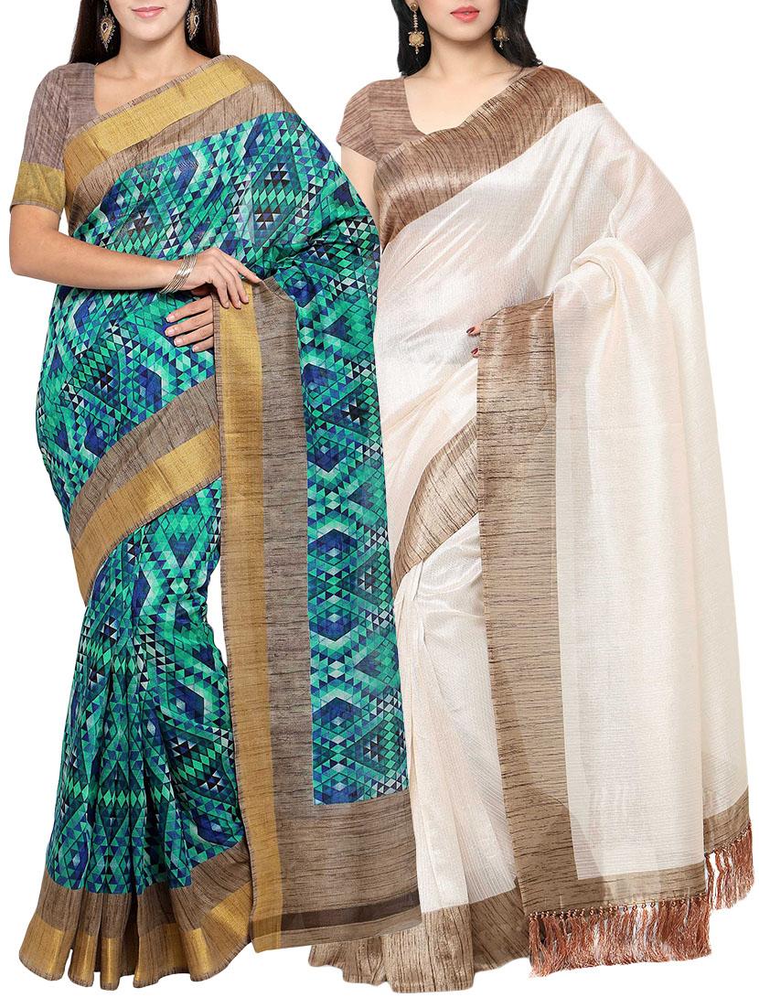 multi colored tussar silk combo saree with blouse - 14553830 - Zoom Image - 1