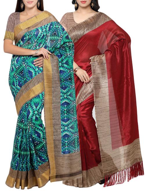 multi colored tussar silk combo saree with blouse - 14553834 - Very Small Image - 1