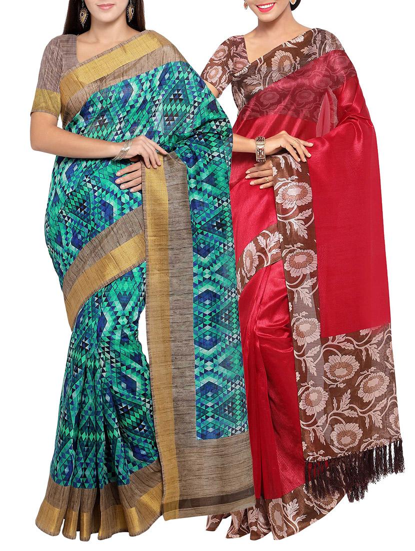 multi colored tussar silk combo saree with blouse - 14553854 - Zoom Image - 1