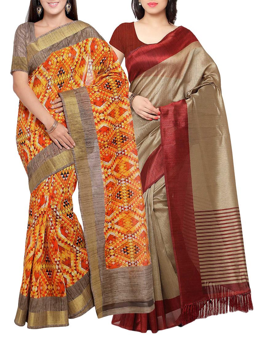 multi colored tussar silk combo saree with blouse - 14553885 - Zoom Image - 1
