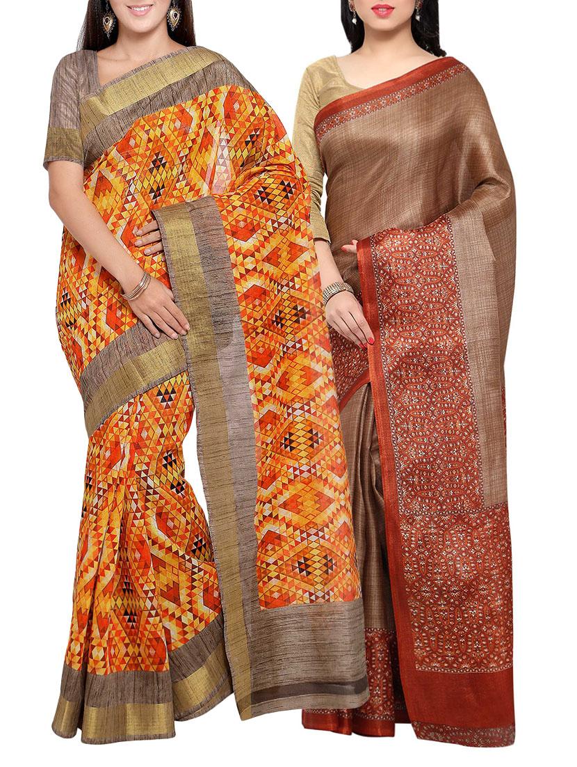multi colored tussar silk combo saree with blouse - 14553903 - Zoom Image - 1