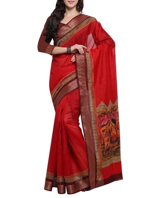 red tussar silk saree with blouse - 14554048 - Very Small Image - 1