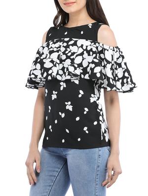 leaf print cold shoulder ruffled top - 14554250 - Standard Image - 2