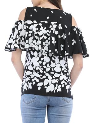 leaf print cold shoulder ruffled top - 14554250 - Standard Image - 3