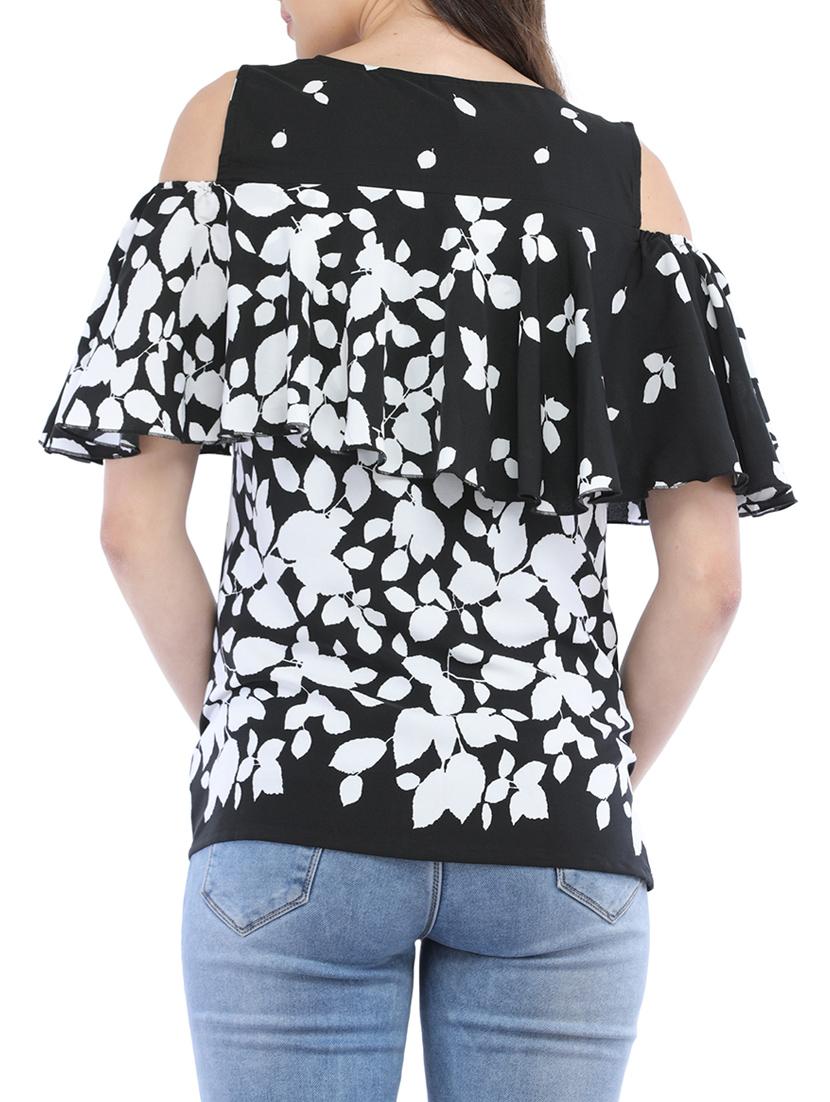 leaf print cold shoulder ruffled top - 14554250 - Zoom Image - 3