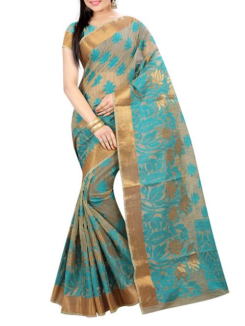 Turquoise woven saree - 14554609 - Very Small Image - 1