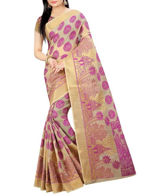 Beige & purple woven saree with blouse - 14554612 - Very Small Image - 1