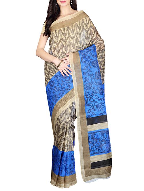 beige & blue printed saree with blouse - 14555249 - Standard Image - 1