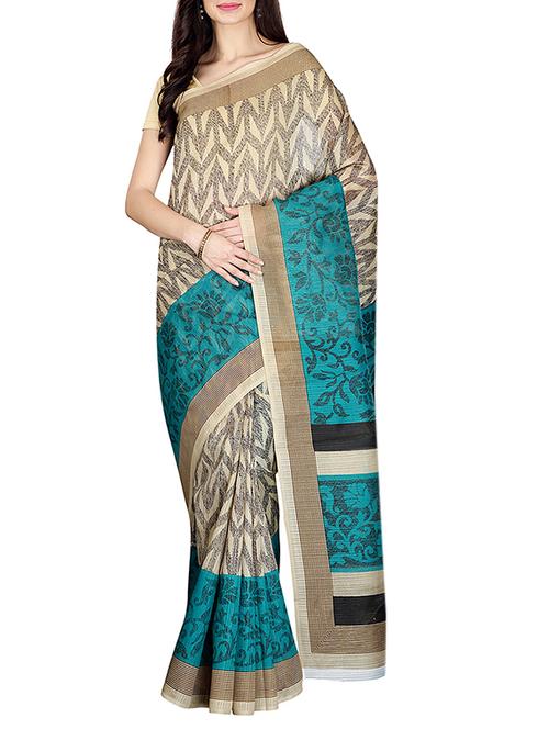 beige & turquoise printed saree with blouse - 14555251 - Standard Image - 1
