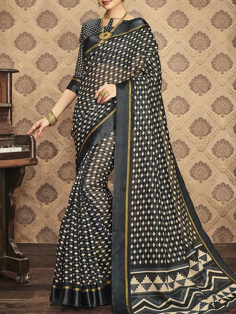 black silk printed saree with blouse - 14561723 - Zoom Image - 1