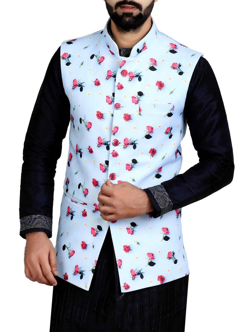 aqua blue cotton blend nehru jacket - 14574581 - Zoom Image - 1
