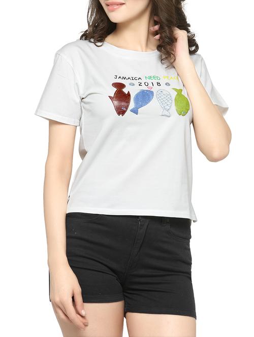 women's chest print round neck t-shirt - 14590155 -  Standard Image - 0