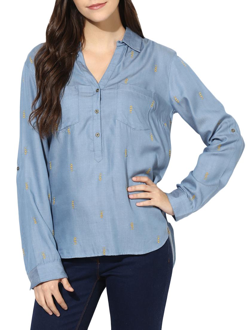Collared Shirt With Roll Up Full Sleeve & Mustard Thread Embroidery - 14590602 - Zoom Image - 1