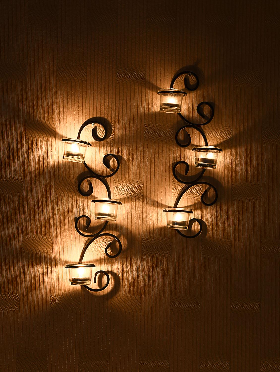 set of 2 antique bronze decorative wall sconce with clear glass and free tealights candles - 14593469 - Zoom Image - 2