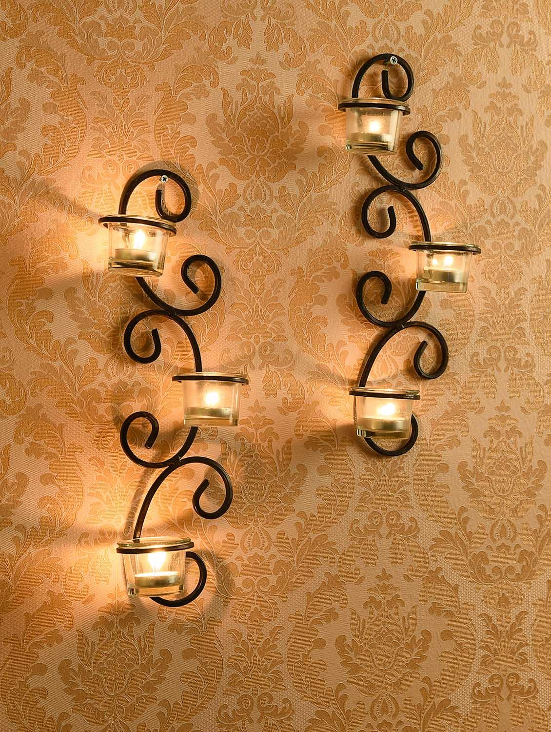 set of 2 antique bronze decorative wall sconce with clear glass and free tealights candles - 14593469 - Zoom Image - 3