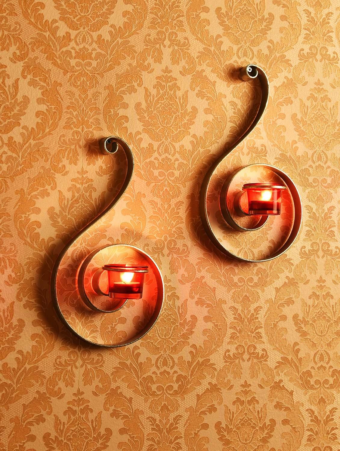 set of 2 silver decorative wall sconce with red glass and free tealight candles - 14593477 - Zoom Image - 2