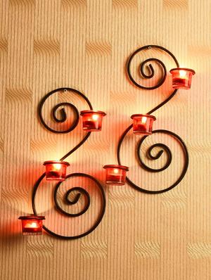 set of 2 antique bronze decorative wall sconce with red glass and free tealight candles - 14593478 - Standard Image - 3