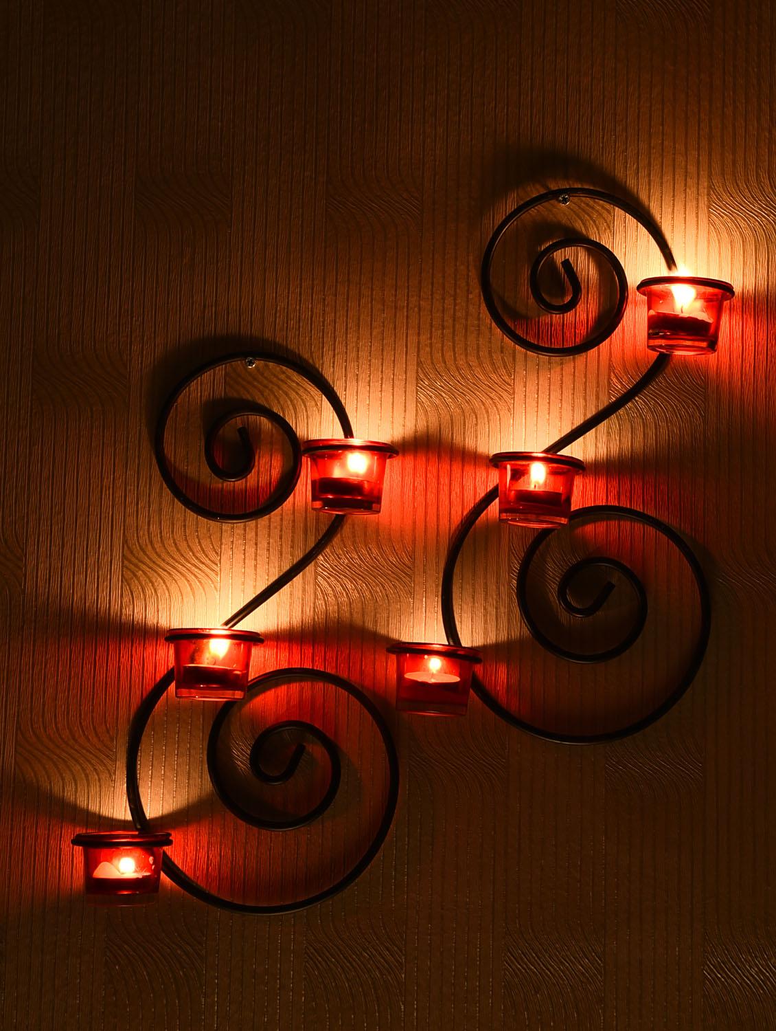 set of 2 antique bronze decorative wall sconce with red glass and free tealight candles - 14593478 - Zoom Image - 2