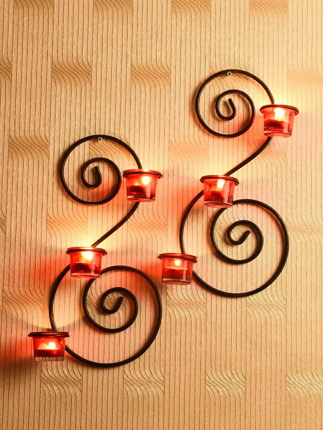 set of 2 antique bronze decorative wall sconce with red glass and free tealight candles - 14593478 - Zoom Image - 3