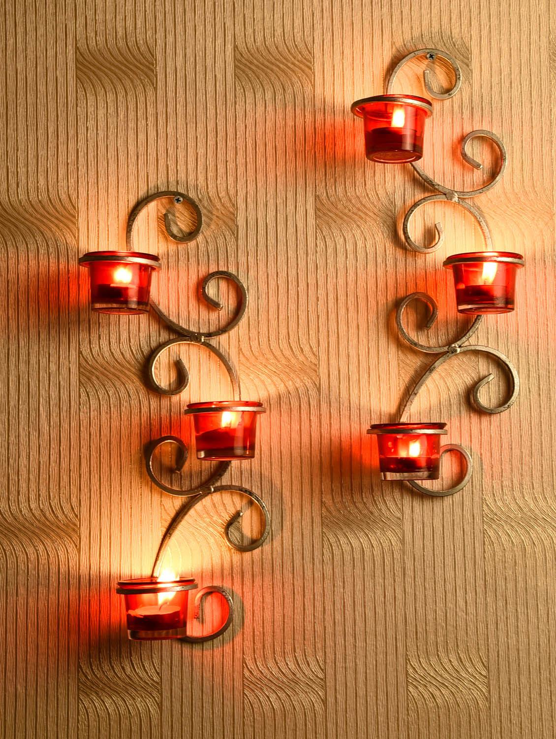 set of 2 metallic silver wall sconce with red and clear glasses - 14593485 - Zoom Image - 2