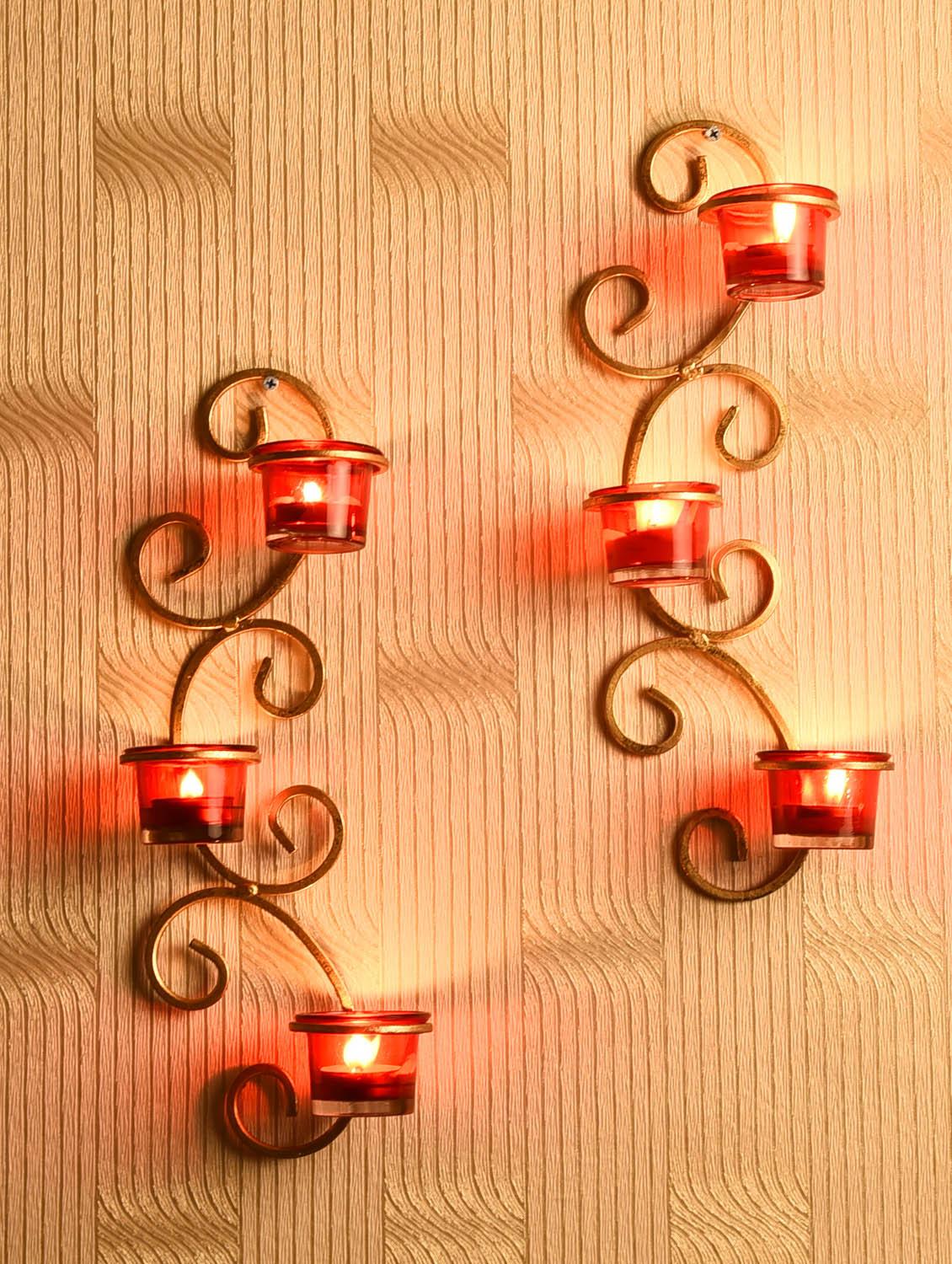 set of 2 metallic gold wall sconce with red and clear glasses - 14593486 - Zoom Image - 3