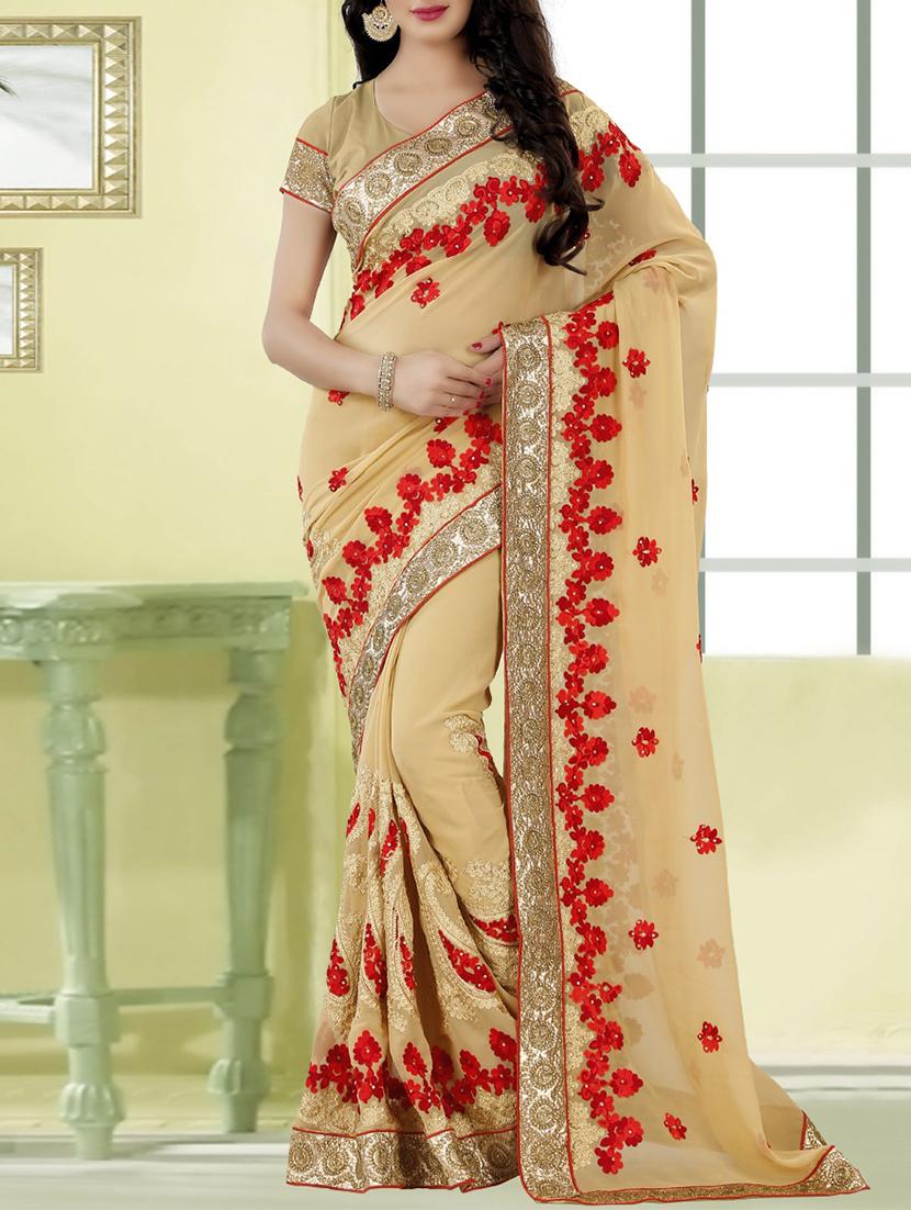 beige faux georgette embroidered saree with blouse - 14608254 - Zoom Image - 1