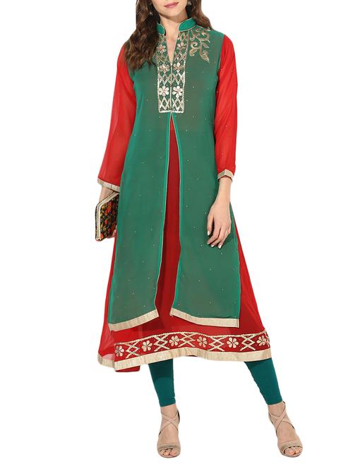 green georgette layered kurta - 14610780 - Standard Image - 1