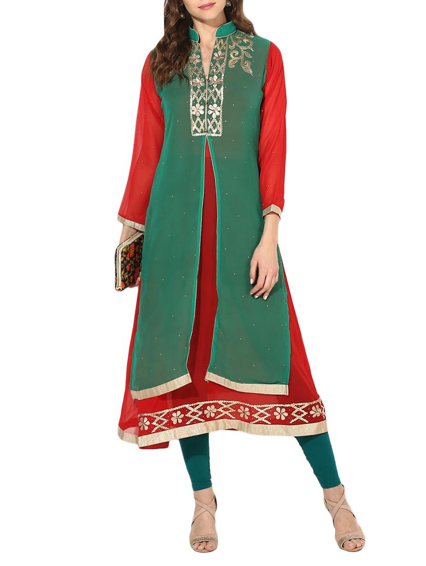 green georgette layered kurta - 14610780 - Zoom Image - 1