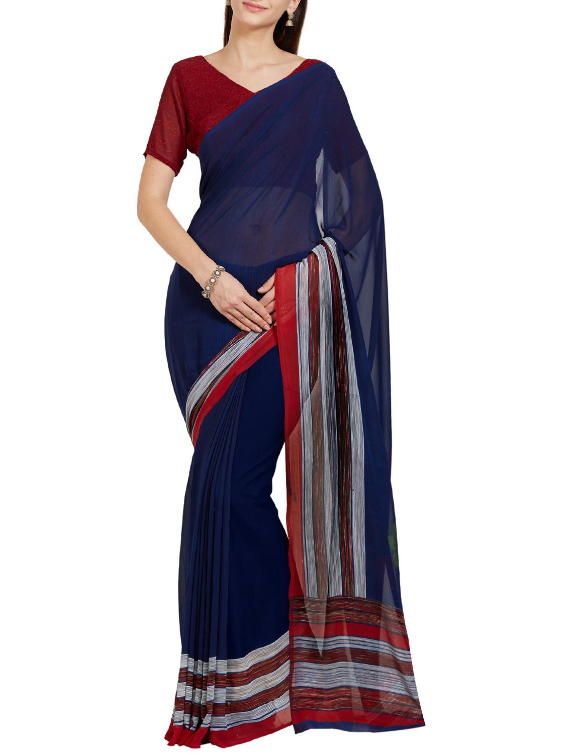 navy blue printed saree with blouse - 14616893 - Zoom Image - 1