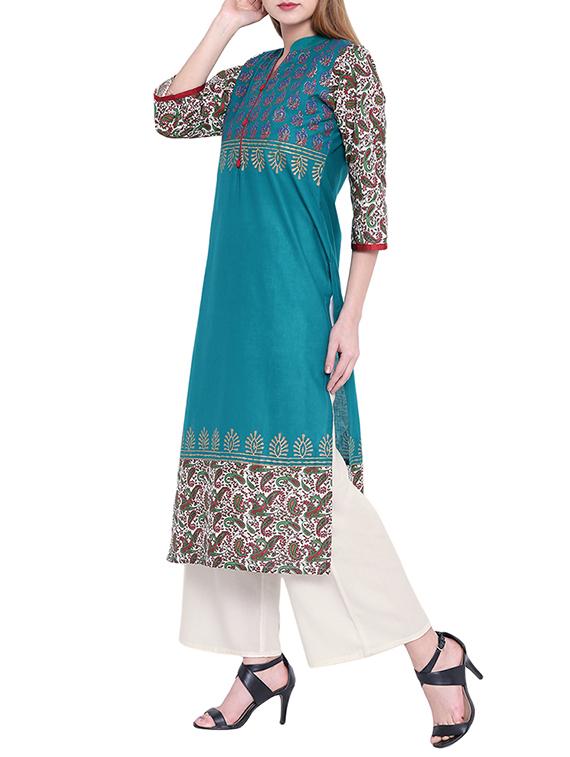 green cotton straight kurta - 14626444 - Zoom Image - 2
