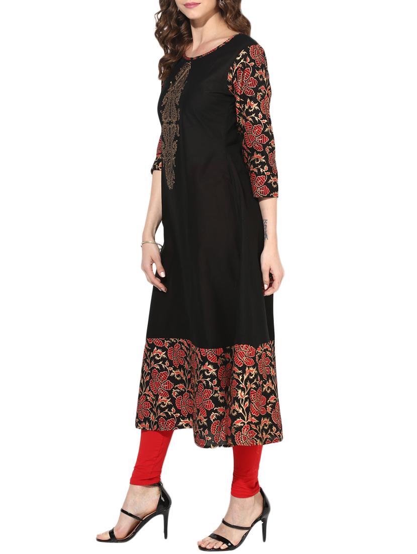 black cotton flared kurta - 14629541 - Zoom Image - 2