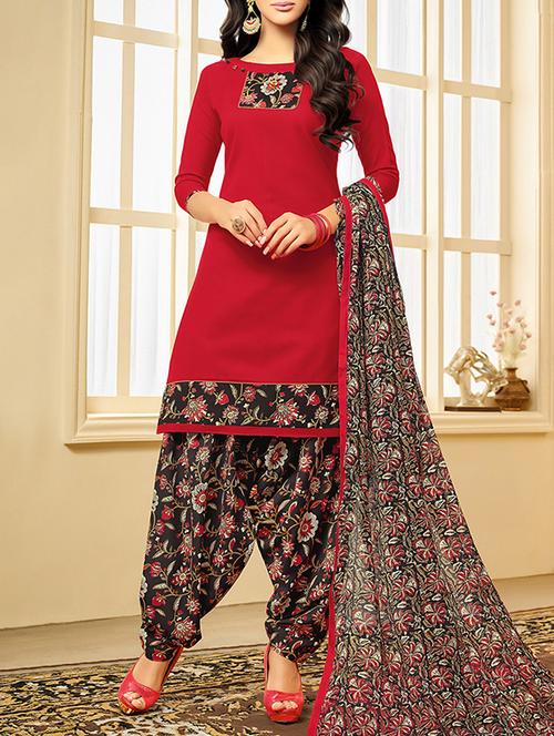 red cotton patiyala suits unstitched suit - 14634405 - Standard Image - 1