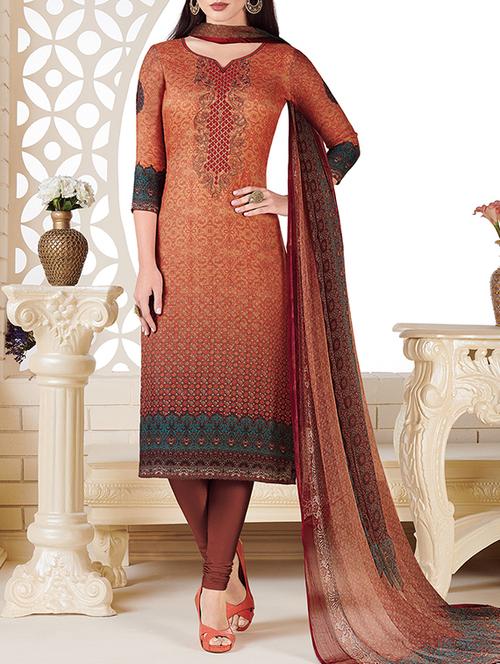 orange silk blend churidaar suits unstitched suit - 14634465 - Standard Image - 1