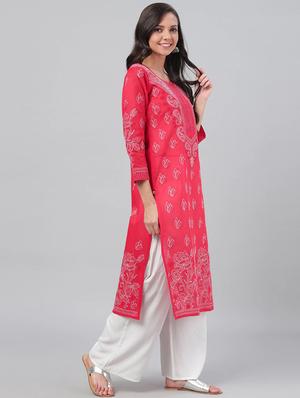 ada red cotton straight kurta - 14636604 - Standard Image - 3