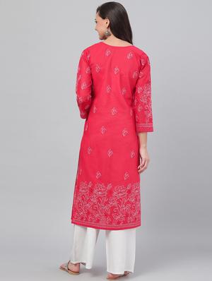 ada red cotton straight kurta - 14636604 - Standard Image - 4