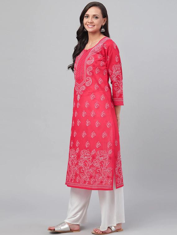 ada red cotton straight kurta - 14636604 - Zoom Image - 2