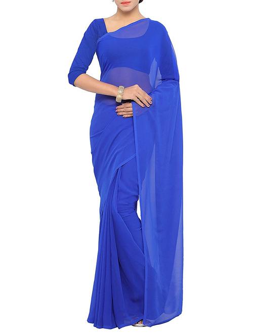 blue georgette plain saree with blouse - 14643117 - Standard Image - 1
