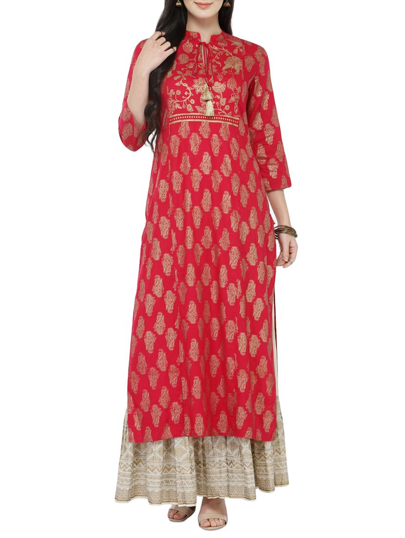 red rayon printed straight kurta - 14646583 - Zoom Image - 1
