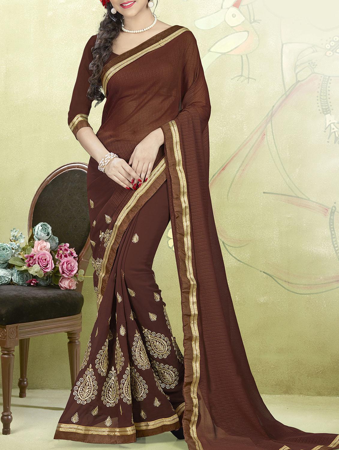 Gold embroidered saree with blouse - 14654394 - Zoom Image - 1