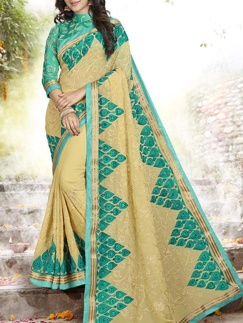 beige georgette embroidered saree with blouse - 14654405 - Standard Image - 1