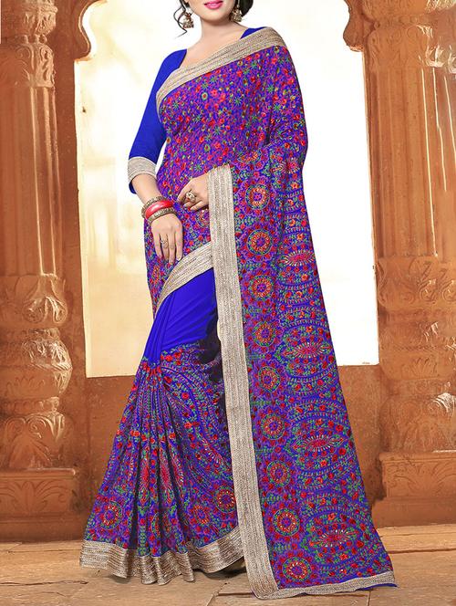 blue georgette embroidered saree with blouse - 14665339 - Very Small Image - 1