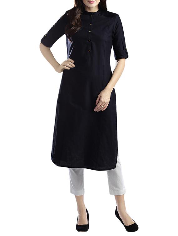 black cotton straight kurta - 14669117 - Zoom Image - 1