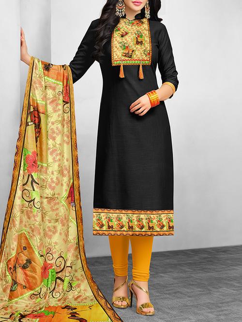 black silk blend unstitched churidaar suit - 14671845 - Standard Image - 1