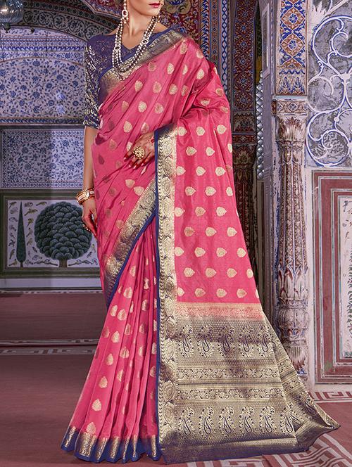 peach silk blend woven saree with blouse - 14671941 - Standard Image - 1