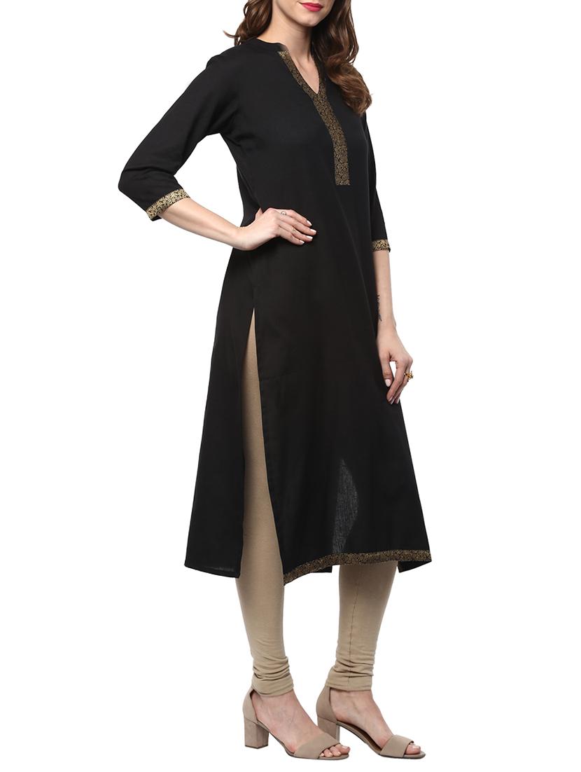 black cotton straight kurta - 14677173 - Zoom Image - 2