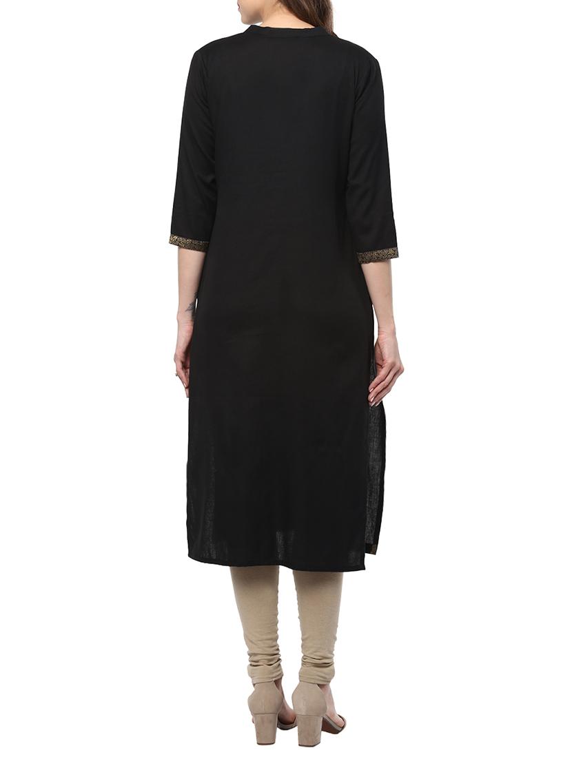 black cotton straight kurta - 14677173 - Zoom Image - 3