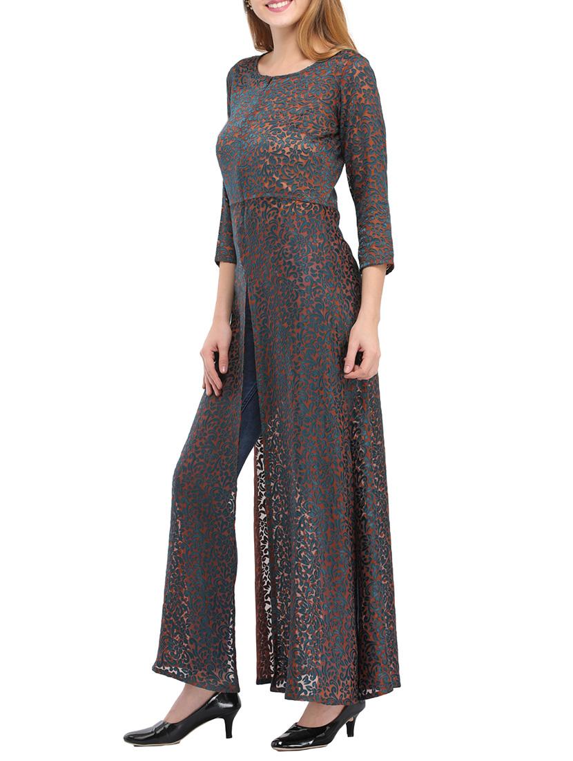 blue velvet high slit kurta - 14683107 - Zoom Image - 2